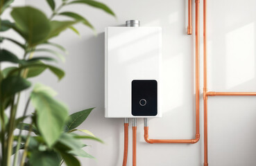 Modern tankless water heater installed in clean utility room. Copper pipes connect to heater. Interior design minimalist, sleek. Room bright, well-organized new home tech. Stylish equipment