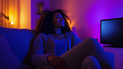 Naklejka premium Mixed-Race Woman Relaxing on Sofa Watching TV in the Evening