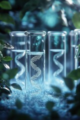 Elegant glass containers with intricate designs surrounded by lush greenery and shimmering lights