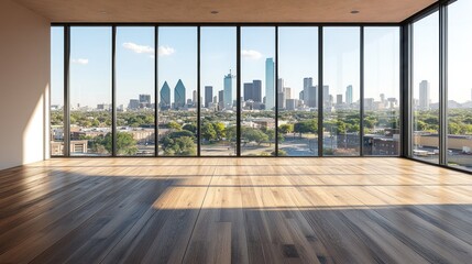 Empty modern room with panoramic city view.