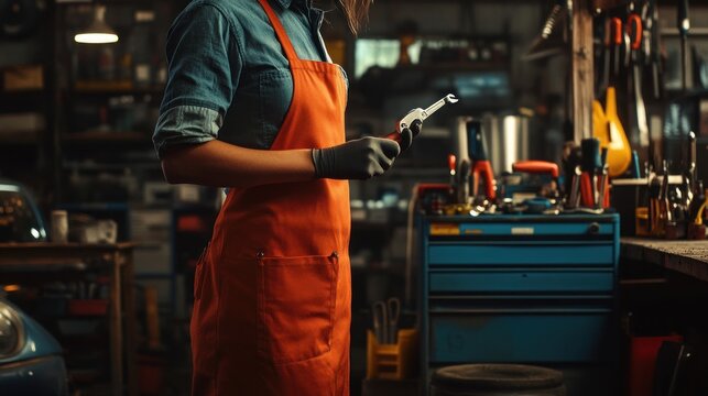 Female mechanic in orange apron holding tools in auto repair shop.