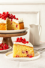 A piece of Yogurt cake with cream and Red currant. White background. Vertical image.