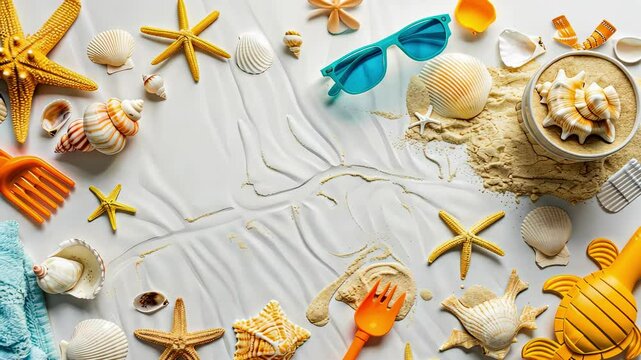 hat, glasses, children's toys, sand, shells on a beach background. Selective focus