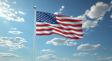 Fototapeta premium American flag waving against a clear blue sky with white fluffy clouds