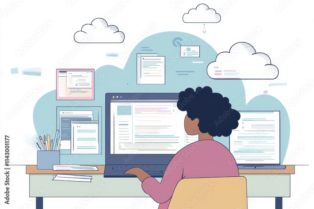 Poster a person using cloud technology to transfer and store data on multiple devices, with icons of clouds