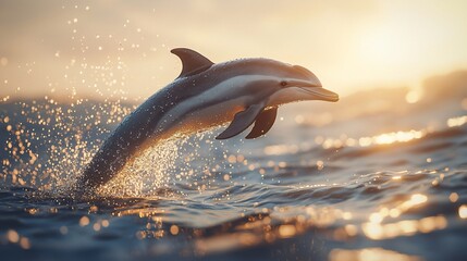 Fototapeta premium Dolphin leaping from ocean at sunset.