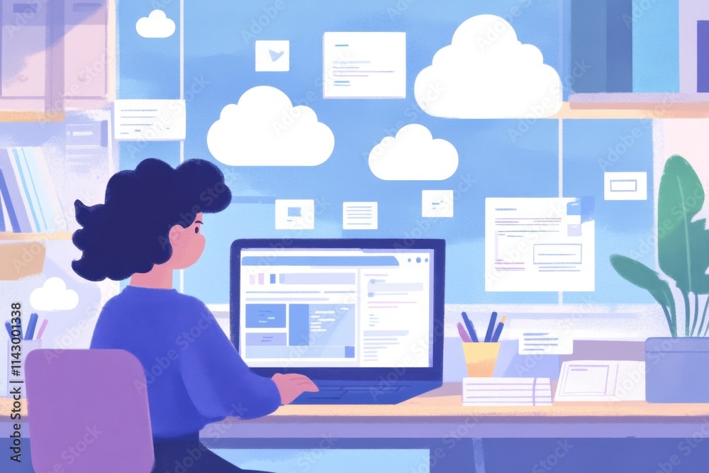 Poster a person using cloud technology to transfer and store data on multiple devices, with icons of clouds
