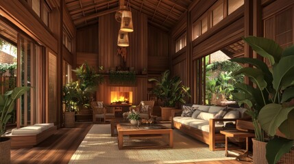 Fototapeta premium Wooden interior design living room with fireplace, plants, and garden view.