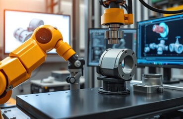Fototapeta premium Industrial 3D scanner measures mechanical part for quality control. Automated system performs precise measurements. Advanced tech improves accuracy. Factory environment shows development, precision.