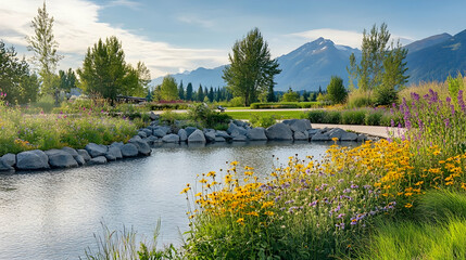 Fototapeta premium Colorado Riverfront Park with wildflower meadows and rocky shorelines, vibrant mountain retreat