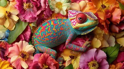 Obraz premium A chameleon displays its vivid colors while lounging amidst a variety of flowers in a well-kept garden. The bright hues enhance the natural beauty of the surroundings. Generative AI