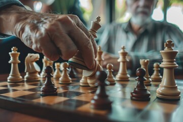 Elderly hands moving chess pieces on a chessboard during a focused game