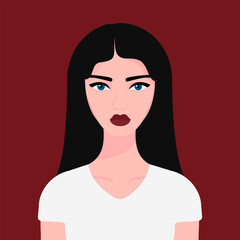 young woman illustration in white t-shirt, black long hair young girl portrait, red isolated white woman vector illustration