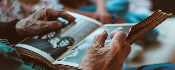 Elderly hands holding a vintage photo album