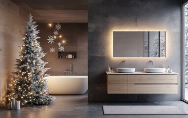 A minimalist bathroom featuring natural wood accents and a frosted Christmas tree glowing softly near the vanity