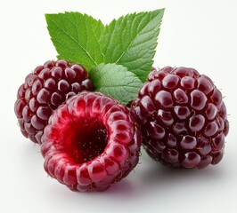 Fresh raspberries with green leaves displayed on a white background showcasing their rich color and...