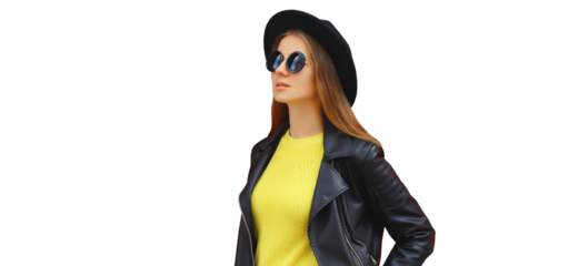 Fashion, trendy, stylish young woman in black hat, jacket, modern girl isolated on white background