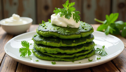 Stack of vibrant green spinach pancakes with sour cream and fresh herbs, rustic wooden table setting