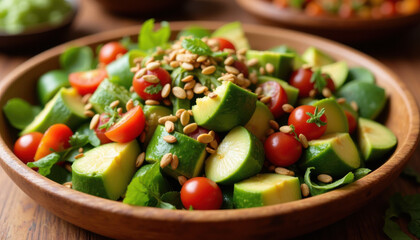 Close-up of nopal salad with cactus, avocado, tomatoes, and pumpkin seeds, earthy and colorful setup