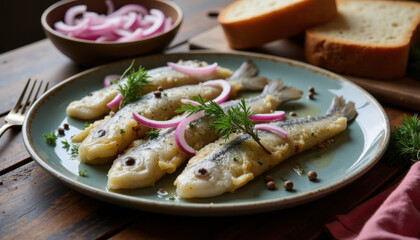 Pickled herring fillets with red onions, dill, and rye bread, rustic and traditional presentation