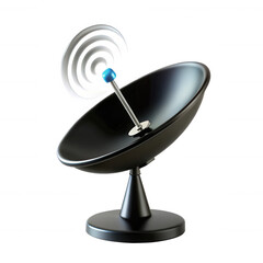 A 3D rendering of a satellite dish with a sleek black design and a blue signal emitter. Perfect for showcasing technology in graphics.