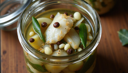 Close-up of pickled herring in glass jar with onions, bay leaves, and peppercorns, artisanal and fresh