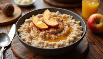 Creamy rye porridge with honey, apples, and cinnamon, rustic breakfast vibe on wooden table