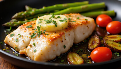 Close-up of pan-seared red snapper fillet with herb-infused butter, roasted vegetables