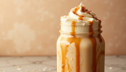 Close-up of salted caramel milkshake in mason jar, creamy texture with caramel swirls, whipped cream and sea salt