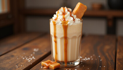 Indulgent salted caramel milkshake with whipped cream, caramel drizzle, and sea salt, rustic wooden table