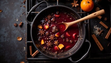Top-down view of simmering mulled wine with cinnamon, cloves, and orange peels, festive and warm atmosphere