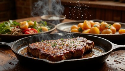 Rustic skillet steak with roasted potatoes and charred vegetables, cozy hearty dining scene