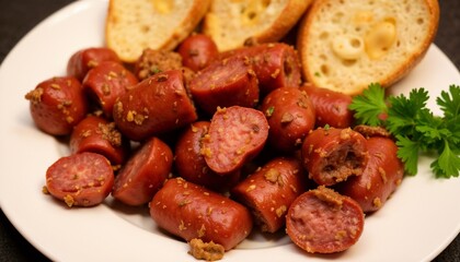 Golden crispy sucuk sausage with bread and parsley garnish Turkish cuisine appetizer