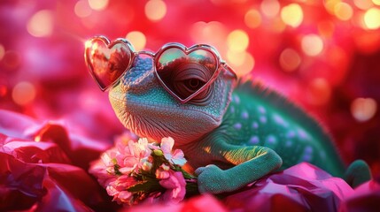 A lizard lounges on bright petals, adorned with heart-shaped sunglasses, holding flowers, surrounded by a dreamy, colorful bokeh effect. Generative AI