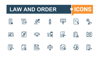 Law and Order icon set. Icon authority, graphic, judge, justice, judgement, hand, web, police. Flat UI icon design. Editable vector outline and solid icons.