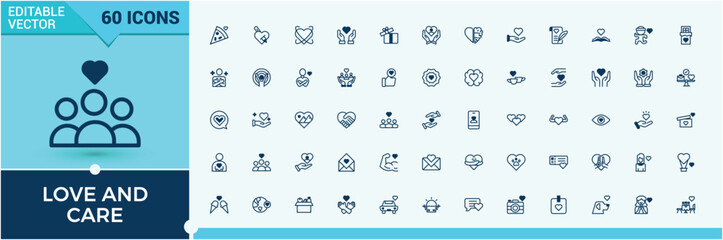 Love and care icon collection. Featuring heart, shape, romantic, people, simple and more. Thin outline icons pack. Solid line editable vector illustration.