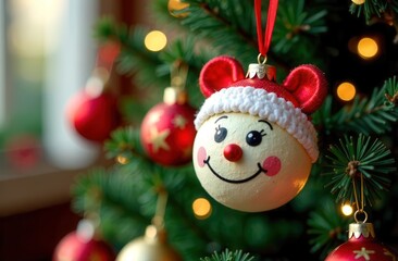 Christmas ornament with smiling face on tree branch.