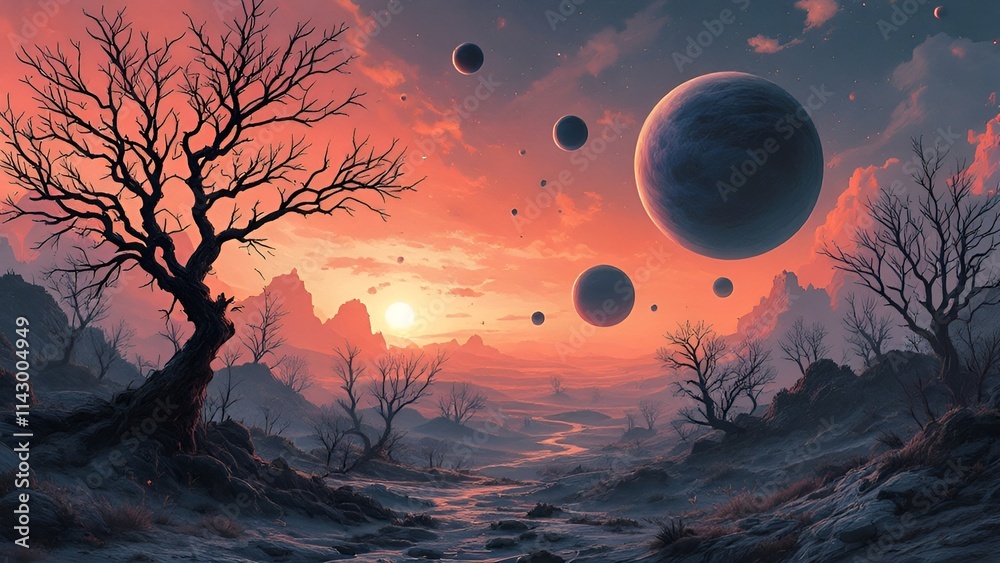 Canvas Prints dreamy and otherworldly atmosphere created by surreal illustration with bare tree branches and dark 
