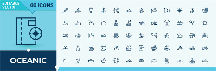 Oceanic icon pack. Contains such icons as map, yacht, wave, nautical, lighthouse, rope, compass, anchor. Symbol. Editable vector outline and solid icons.