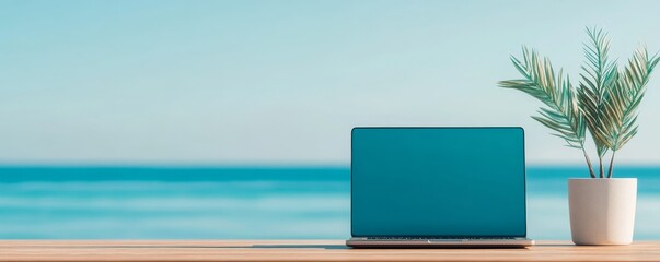 Remote productivity tranquil beachfront laptop setup for serene digital workspaces