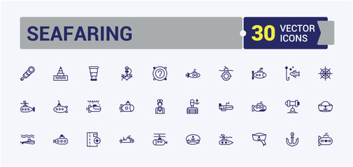 Seafaring vector line icon set. It contains symbols to oar, captain, boat, nautical, submarine, tower, fish, yacht. Set of line pictogram. Editable vector outline and solid icons.