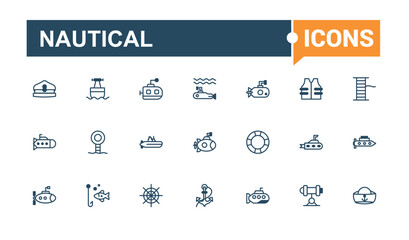 Nautical line icons set. Includes icons for sailing, fish, sailor, lifebuoy, oar and more. Minimal linear icons. Vector outline and solid icons collection.