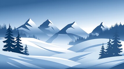 Stylized Vector Illustration of a Snowy Mountain Landscape with Sharp Snow-Capped Peaks and Evergreen Trees