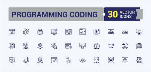 Programming Coding icon set. Icon algorithm, program, app, coding, browser, develop and more. Icons for UI. Outline and solid pictogram.