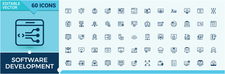 Software Development lined icons set. Containing keyboard, application, development, web, data, idea and more. Set of line pictogram. Vector line and solid icons.