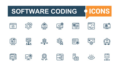 Software Coding icon set. Featuring binary, programming, java, computer, application, algorithm, work, technology. Perfect for logos and infographics. Solid line editable stroke.