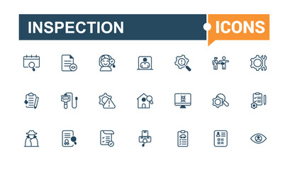 Inspection vector line icon set. Includes icons for air, report, checkmark, document, graphic, search, evaluation, inspection. Web icons. Vector line and solid icons.