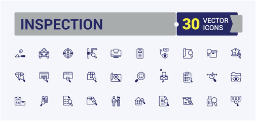 Inspection lined icons set. It contains symbols to research, approve, quality, app, control and more. Thin outline icons pack. Editable vector outline and solid icons.
