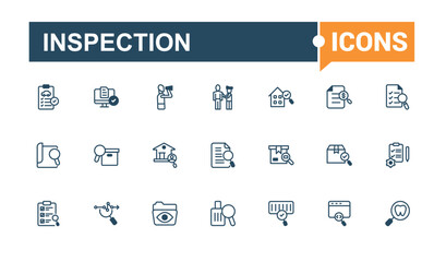 Inspection vector line icon set. Includes icons for air, report, checkmark, document, graphic, search, evaluation, inspection. Web icons. Vector line and solid icons.