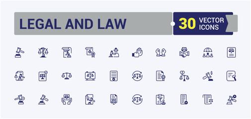 Legal And Law icon collection. Containing right, business, legal, law enforcement, Justice, judge, criminal, defense and more. Web icons. Editable vector outline and solid icons.